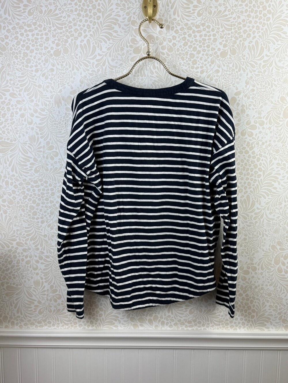 BODEN Navy and White Striped Ruffle Trim Long-Sleeve Henley Tee - Size - 8 - Picture 2 of 7